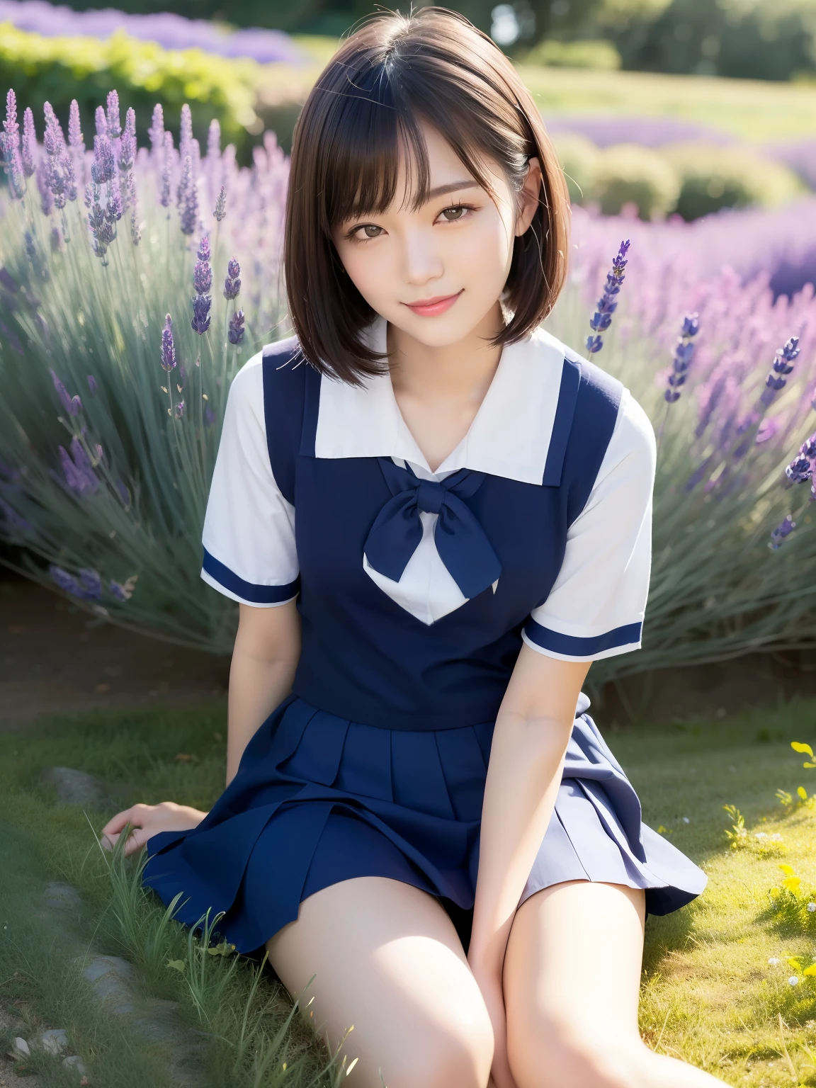 (highest quality:1.5)、(Realistic:1.5)、(1 person:1.5)、Very detailed、High resolution、8k、medium breasts、Natural color lips、Cute Smile、Japanese women、20-year-old girl、Beautiful and elegant face、Perfect and beautiful face、Balanced big eyes、Brunette eyes、Beautiful and elegant face、Natural double eyelids、Natural Bangs、Beautiful thin nose、Beautiful Skin、(Medium Bob Hair)、Natural Bangs、Perfect and beautiful face、Slim face and figure、Look at the viewers、School Sailor Uniform、White short-sleeved blouse shirt, navy pleated micro miniskirt,、Knee-high socks、Beautiful navel、Open the navel、臍が見えるタイトなSchool Sailor Uniformを着ている、High-angle composition、(Staring at the camera with a sweet smile)、Bright lighting、Professional Lighting、Forward lighting、Beautiful feet:1.2、Smooth Skin、Slim Body、Slim waistline、slim thin thighs、Sit on the ground、Lavender Fields、Lavender blooming hill、