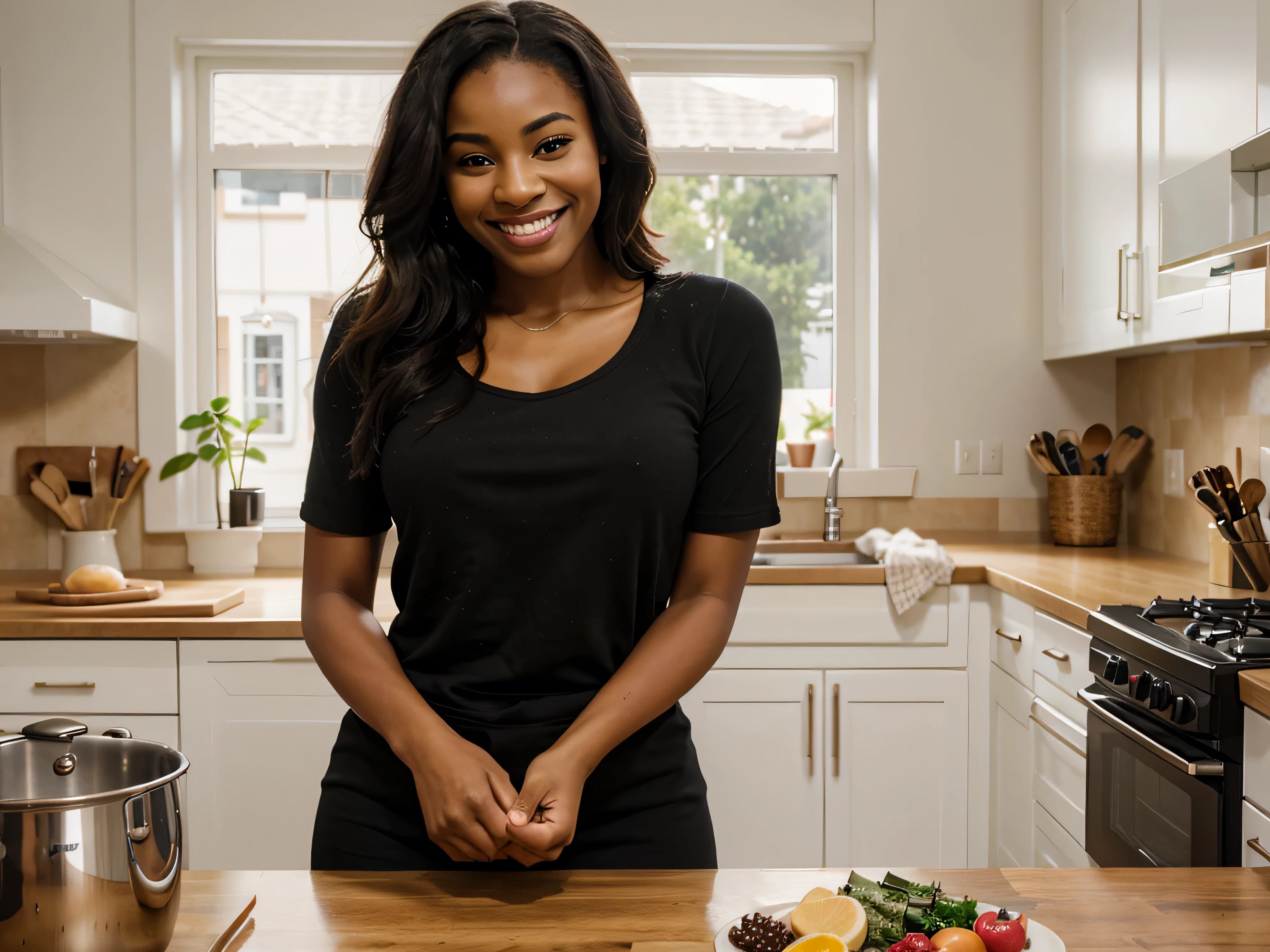 Create a realistic image of a wonderful black woman smiling in the kitchen, 4K