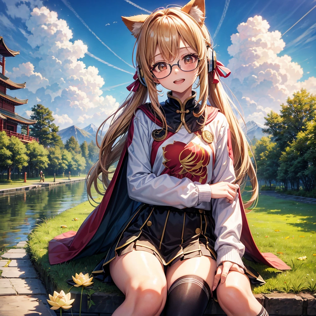 Pink gold golden hair、Golden Eyes、One good looking girl、Twin tails、solo、anime、Checkered mini skirt、The skirt has buttons、Red T-shirt、Long sleeve、China、Cape、Black knee-high socks、Wearing headphones、Wearing a ribbon、Ribbon on waist、Tilting face、Teeth are visible、Sunset sky、Rocky Mountain、Piercing the clouds、Contrail、Glasses、tree、Sitting、Touching your face、lotus leaves、canal、Cumulonimbus