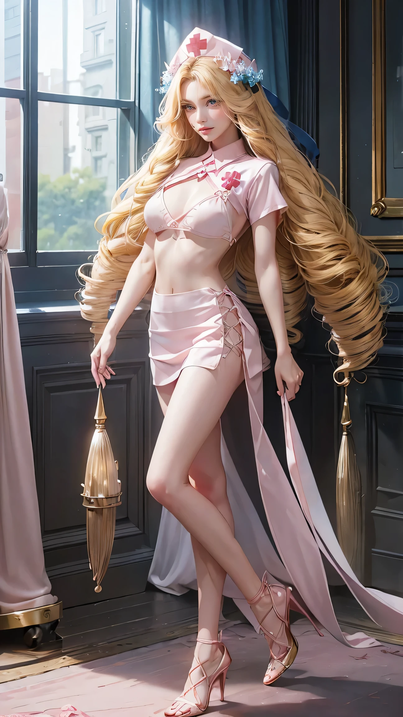 Best quality, masterpiece, ultra high res, raw photo, beautiful and aesthetic,deep shadow, dark theme,(ultra detailed:1.3),
1girl, sexy pose, flower headdress, full of curtain, drill hair, long hair, blonde hair, gradient hair, yellow eyes, solo, big hair, blue hair, divine goddess, looking at viewer, indoors, bedroom, astraea, full body, pink nurse outfit, white bikini, pink nurse cap, crop top, short sleeves, pink nurse skirt, white high heels,