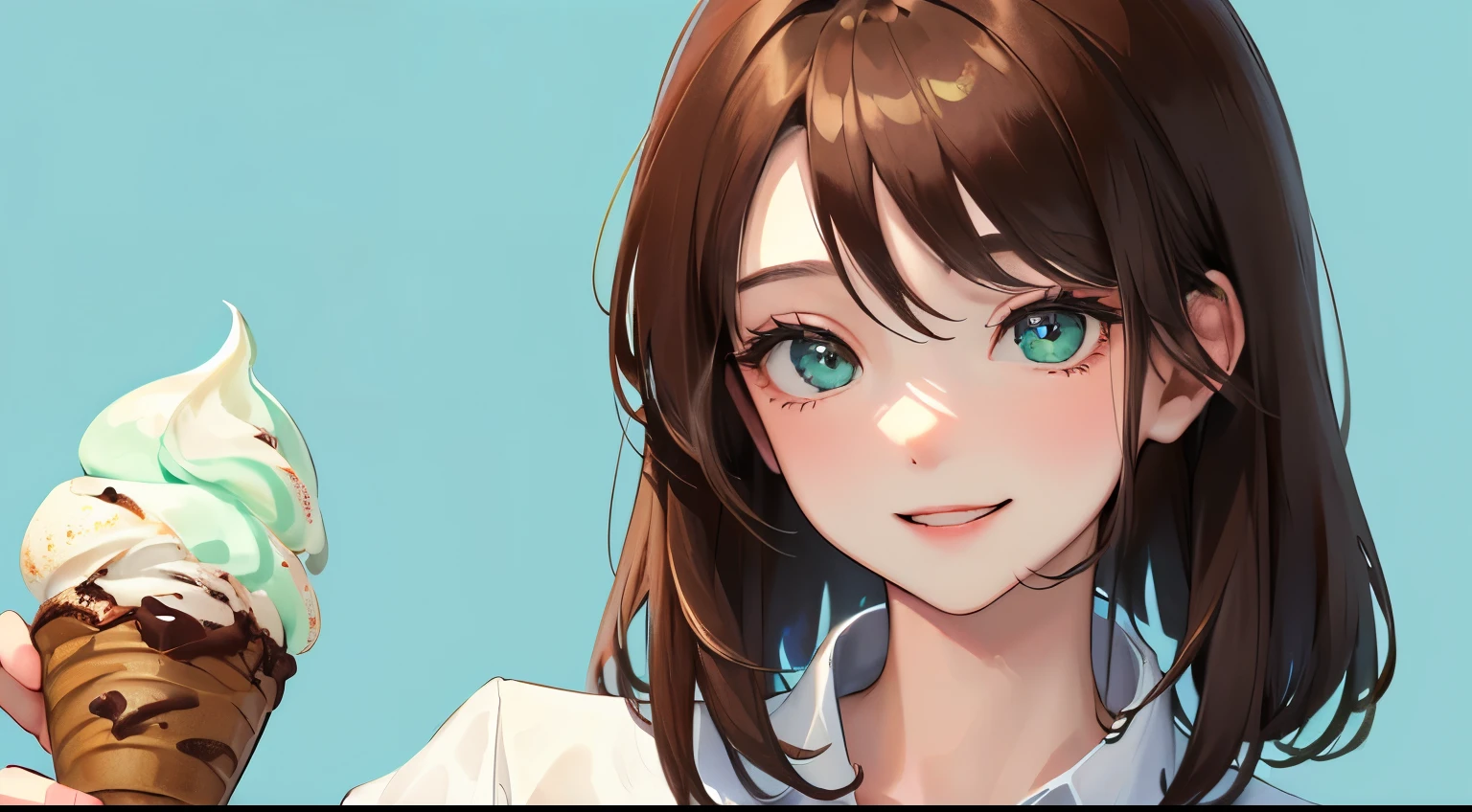 (((Chocolate mint ice cream)))、(((1 personの少女)))、((1 person)),Masterpiece,best quality, ((Mischievous smile))), ,((White shirt))、((Blue sky background))、determined expression, Upper body diagram、 (Highest Resolution、Clear_image)、Best Quality、Light and shadow contrast、((illumination))、Very detailed、Semi-realistic、Short Hairstyle、Brown Hair、bangs、19 years old、 Lady,,young、((View from top))、Delicate Facial Features