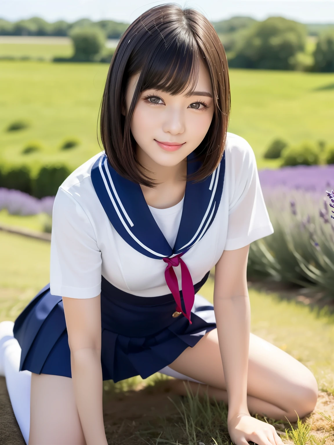(highest quality:1.5)、(Realistic:1.5)、(1 person:1.5)、Very detailed、High resolution、8k、medium 、Natural color lips、Cute Smile、Japanese women、20-year-old girl、Beautiful and elegant face、Perfect and beautiful face、Balanced big eyes、Brunette eyes、Beautiful and elegant face、Natural double eyelids、Natural Bangs、Beautiful thin nose、Beautiful Skin、(Medium Bob Hair)、Natural Bangs、Perfect and beautiful face、Slim face and figure、Look at the viewers、School Sailor Uniform、pleated micro miniskirt,、Knee-high socks、Beautiful navel、Open the navel、臍が見えるタイトなSchool Sailor Uniformを着ている、High-angle composition、(Staring at the camera with a sweet smile)、Bright lighting、Professional Lighting、Forward lighting、Beautiful feet:1.2、Smootkin、Slim Body、Slim waistline、slim thin thighs、Sit on the ground、Lavender Fields、Lavender blooming hill、,