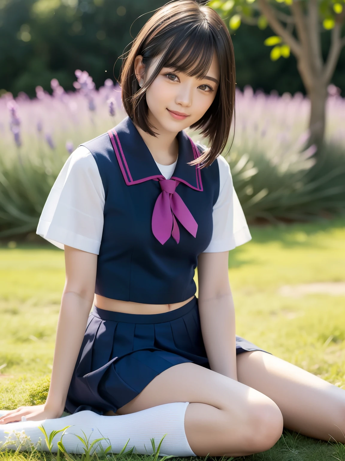 (highest quality:1.5)、(Realistic:1.5)、(1 person:1.5)、Very detailed、High resolution、8k、medium breasts、Natural color lips、Cute Smile、Japanese women、20-year-old girl、Beautiful and elegant face、Perfect and beautiful face、Balanced big eyes、Brunette eyes、Beautiful and elegant face、Natural double eyelids、Natural Bangs、Beautiful thin nose、Beautiful Skin、(Medium Bob Hair)、Natural Bangs、Perfect and beautiful face、Slim face and figure、Look at the viewers、School Sailor Uniform、pleated micro miniskirt,、Knee-high socks、Beautiful navel、Open the navel、臍が見えるタイトなSchool Sailor Uniformを着ている、High-angle composition、(Staring at the camera with a sweet smile)、Bright lighting、Professional Lighting、Forward lighting、Beautiful feet:1.2、Smooth Skin、Slim Body、Slim waistline、slim thin thighs、Sit on the ground、Lavender Fields、Lavender blooming hill、,
