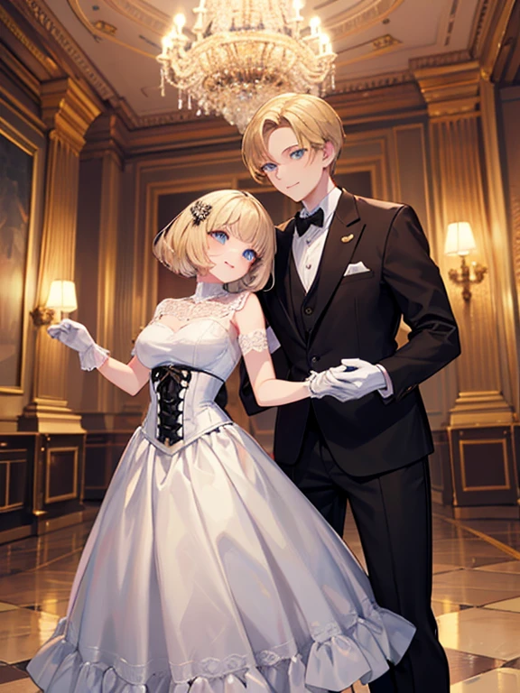 masterpiece, highest quality, Very detailed, 16k, Ultra-high resolution, Wide-angle shot, Dancing couple, Perfect Fingers, Detailed face, blue eyes, Blonde, (14-year-old female, Red gorgeous dress, corset, Long Skirt, Drawers, White long gloves), (14-year-old male, Expensive, fluttery clothing with a black base, White gloves, Black slacks), royal palace, Dance Venues, Evening Party, chandelier