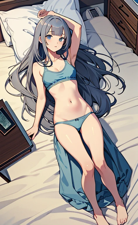 (masterpiece:1.4、top-quality、illustration:,realistic、)、(character focus、,full body:1.3)、(1girl),(clear face:1.3),(exact limbs:1.4),cute face,blue eyes、(tareme:1.3)、(from above:1.3),
(on back:1.3),(lie down on the bed:1.4),、
(grey hair),(long hair:1.5)、
,(her room:1.3),(loose Room wear:1.5),
(blunt bangs),(sidelocks:1.3), (small breasts:1.2)、
、slender、