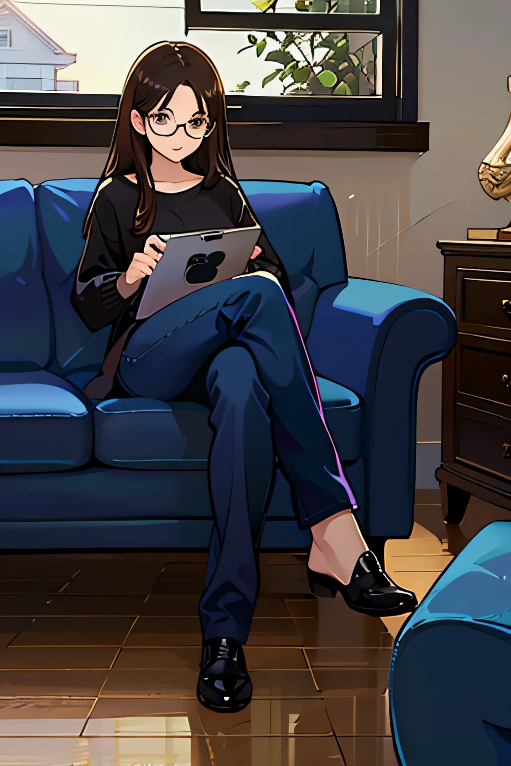 room、sofa、Sitting with legs crossed、Game Boy、Brown Hair、Glasses、Girl