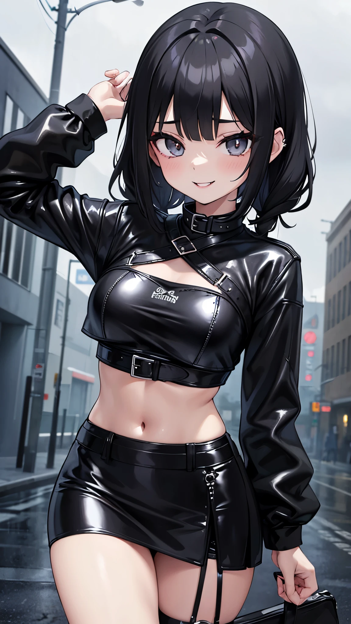 girl, Peekaboo Hairstyle, Black Hair, Punk clothing, Latex Black Top, Black Skirt, Black Lips, smile, Goth Girl, 4K, In the city, Rainy Town, Gray cloudy sky, 4K, Looking at the audience, masterpiece
