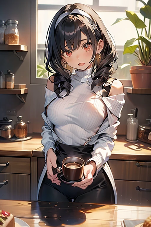 masterpiece, yor, 1girl, Amazing Cleavage:1.3, thin waist, big ass, Raised sexy, medium breast: 1.8 posed cleavage:1.2、solo, looking at viewer, open mouth, have a cup of coffee,black hair, red eyes, dress, bare shoulders, jewelry, collarbone, sidelocks, hairband, earrings, indoors, off shoulder, :o, sweater, arms behind back, plant, short hair with long locks, white hairband, off-shoulder dress, sweater dress, off-shoulder sweater, red sweater, big side hair, very long side hair,is rendered in (masterpiece: 1.2, best quality), with (ultra high resolution) and an exquisite (depth of field). This masterpiece is not only visually stunning but also tells, make of cake cooking ,in the kitchen
