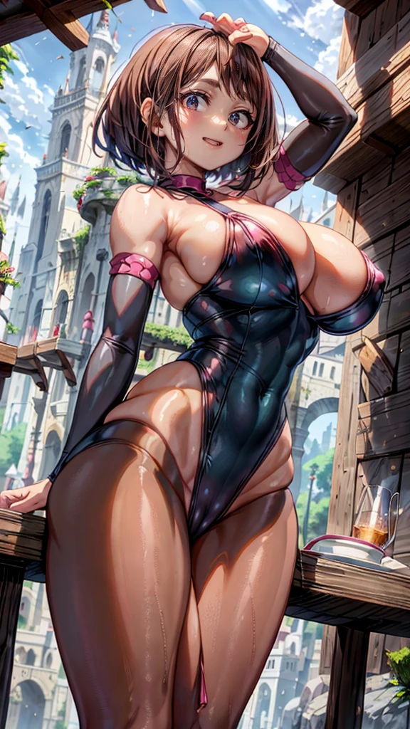 Ochako Uraraka, ropa apretada, poca piel visible, (( ruborizada, sonrisa, oiled skin)), pelo corto, cabello cafe, (( short hair, brown hair, piernas descubiertas)), curvy body, abs, muscle, muscle girl, gigantic sagging breast , slip aureola, Iparuputsua, de pie en la entrada de un castillo, brazos a los costados, magic world background, mundo medieval .