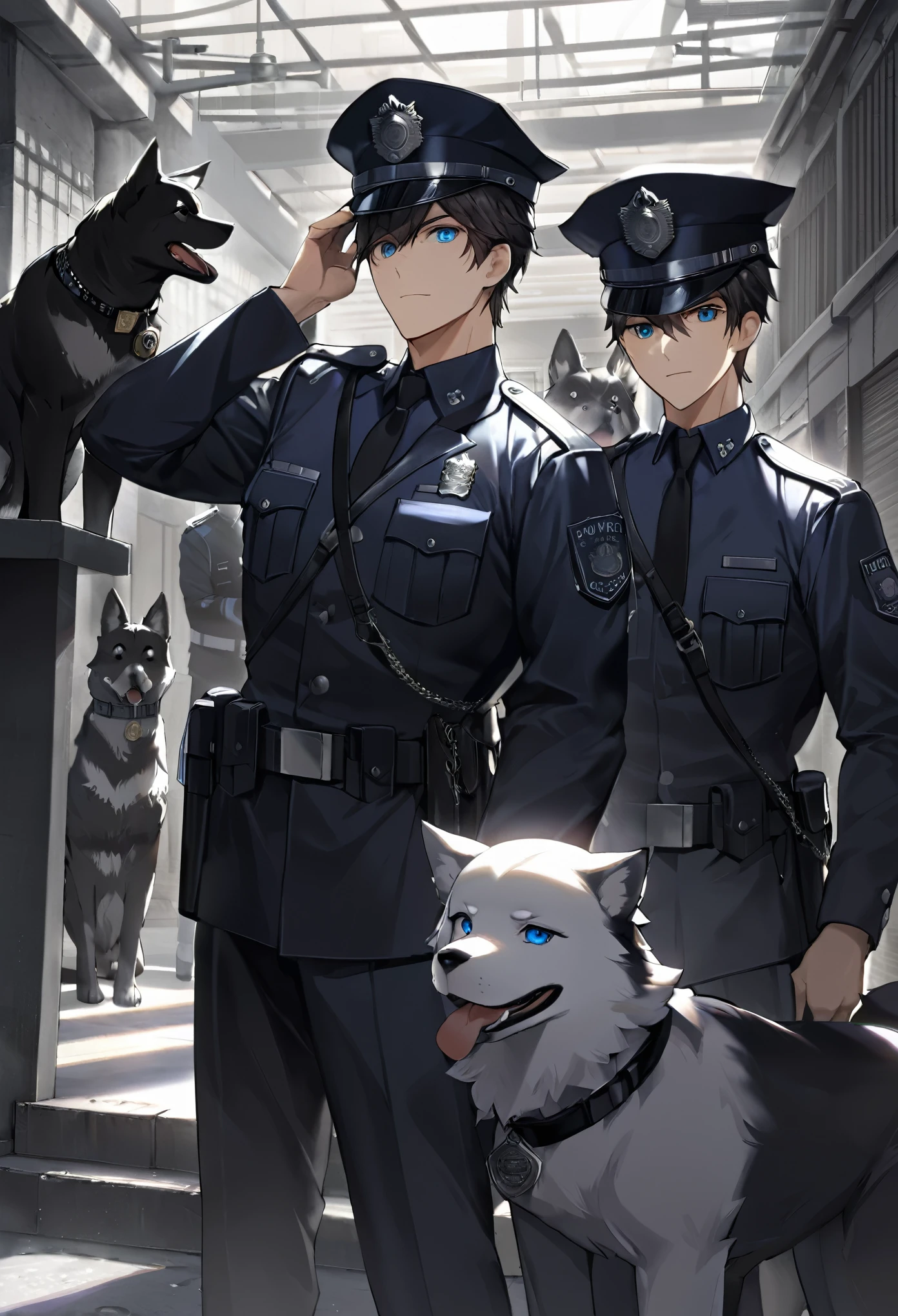 top quality, best quality, highres, masterpiece, super high resolution, detailed background, street, gasping for air(super handsome boys, dog)police officer, swat, police uniform, 6+boys, 6+girls, absurdres(highly detailed beautiful face and eyes)perfect anatomy, good lighting, volumetric lighting, cinematic shadow(kemono, furry anthro),