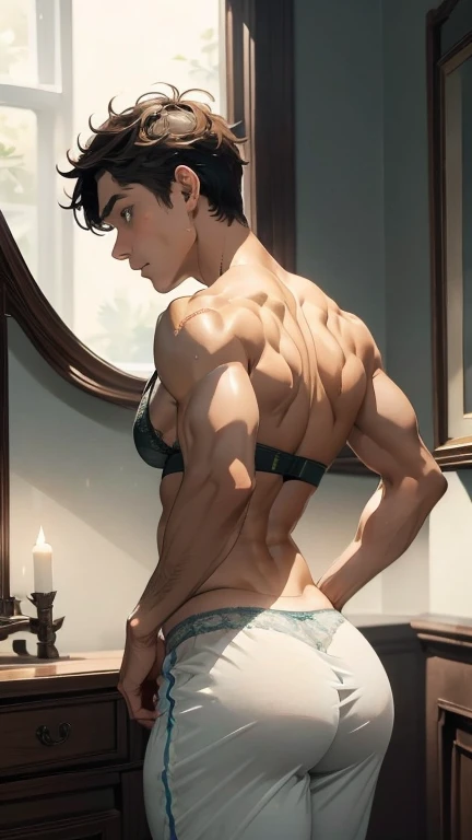 watercolor, Peter Pan examines the buttocks of a 17-year-old Brazilian boy,in lace thong panties 2 sizes smaller wearing tight sweatpants with a protruding convex codpiece. Muscular, with round, firm, perfect buttocks, Aesthetic, erotic, beautiful, in the style of Caravaggio