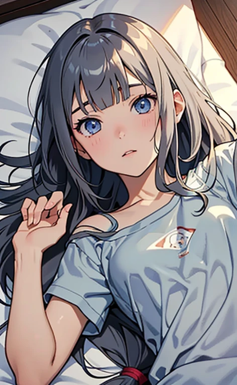 (masterpiece:1.4、top-quality、illustration:,realistic、)、(character focus、,cowboy shot:1.3)、(1girl),(clear face:1.3),(exact limbs:1.4),cute face,blue eyes、(tareme:1.3)、(from above:1.3),
(on back:1.3),(lie down on the bed:1.4),、
(grey hair),(long hair:1.5)、
,(her room:1.3),(loose Room wear:1.5),
(blunt bangs),(sidelocks:1.3), (small breasts:1.2)、
、slender、