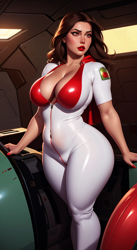 Rebecca Linares, perfect body, full body, big , big booty looking at the camera, brown eyes, hot thick red lips, parted lips, sensuality, Glossy enamel lime and white swinsuit armored cyberpunk, correct deformed fingers, photorealistic, sharpened eyes, (((eyes to the camera))) Pretty Features, Spaceship Interior,Hyperrealism Painting Concept ART of Detailed Character Design Matte Painting, 4K Resolution Blade Runner, Mysterious, REALISTIC, Masterpiece, realistic, (chubby:1.2), (droopy breasts:1.2), (hanging breasts:1.2) Hyper_girl,