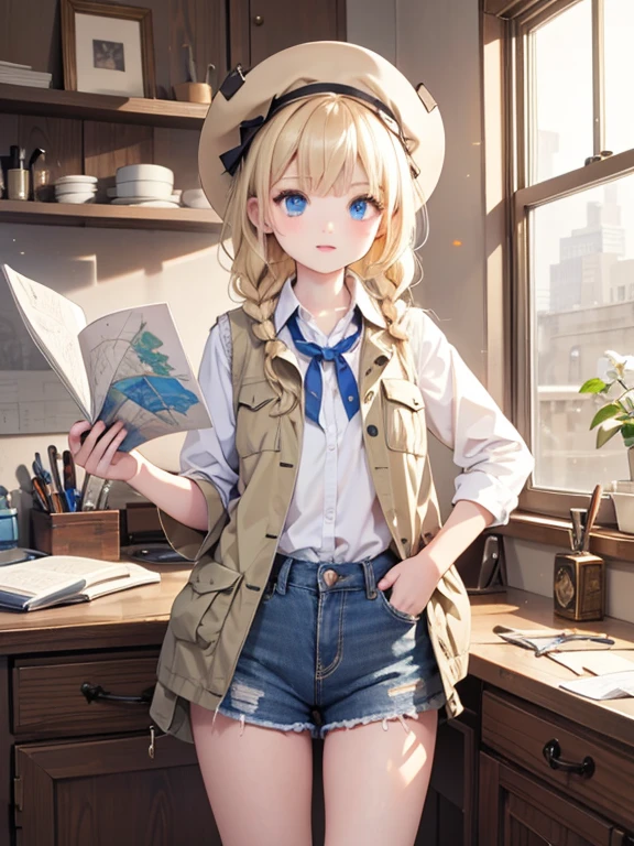 masterpiece, highest quality, Very detailed, 16k, Ultra-high resolution, Cowboy Shot, One 8-year-old girl, Detailed face, Perfect Fingers, blue eyes, Blonde, Braid, A vest with many pockets, Shorts, Exploring knife, Safari Hat, compass, telescope, map, A cluttered room with lots of small items, Organizing tools