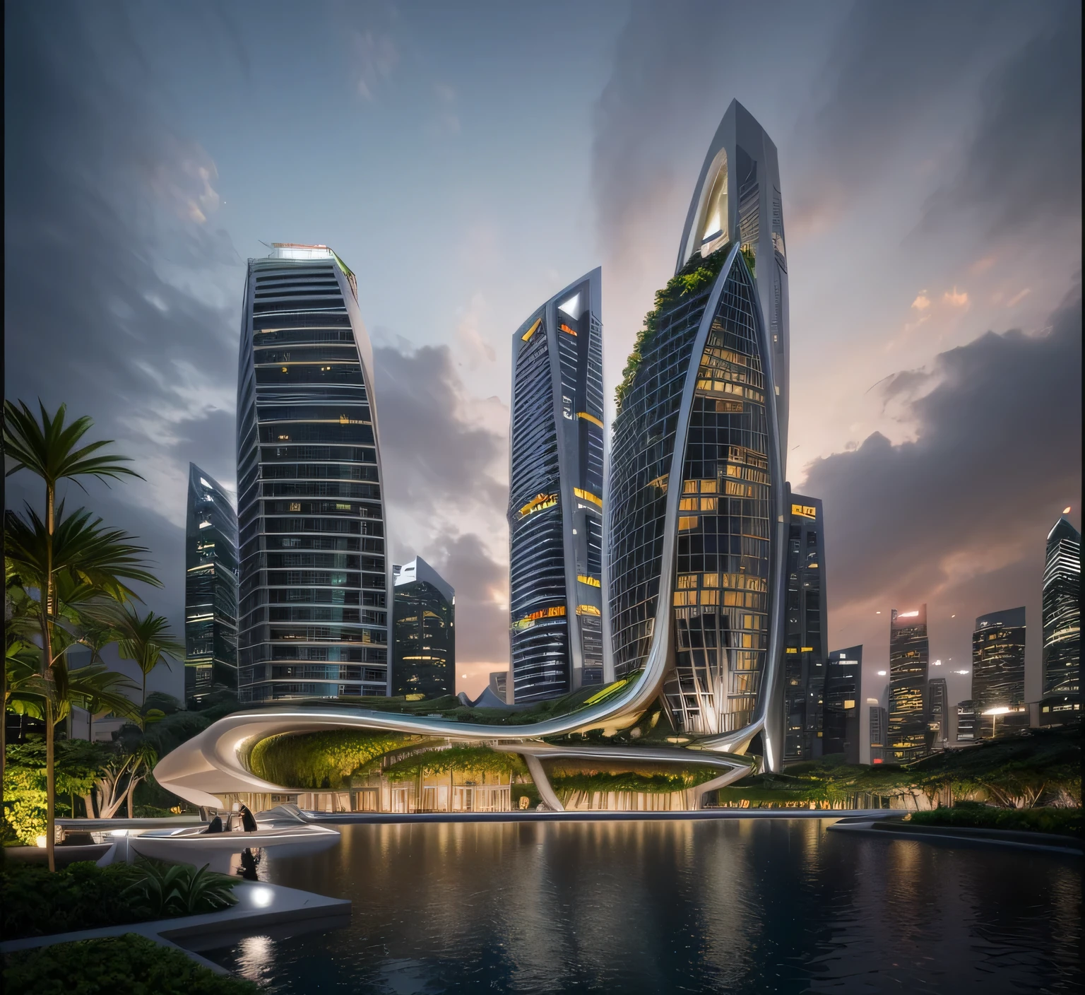 Zaha hadid architecture, Parametric deconstruction tower plants on facade, Singapore, cinematic lighting (best quality,4k,8k,highres,masterpiece:1.2),ultra-detailed,(realistic,photorealistic,photo-realistic:1.37),HDR,UHD,studio lighting,ultra-fine painting,sharp focus,physically-based rendering,extreme detail description,professional,vivid colors,bokeh,portraits,landscape,horror,anime,sci-fi,photography,concept artists,greenery,vertical garden,dynamic composition,organic shapes,steel structure,modern architecture,contemporary design,reflective surfaces,crisp lines,pristine,urban environment,skyline of Singapore,tropical climate,fantasy,otherworldly,transformation,contrast,texture,light and shadow,magical ambiance