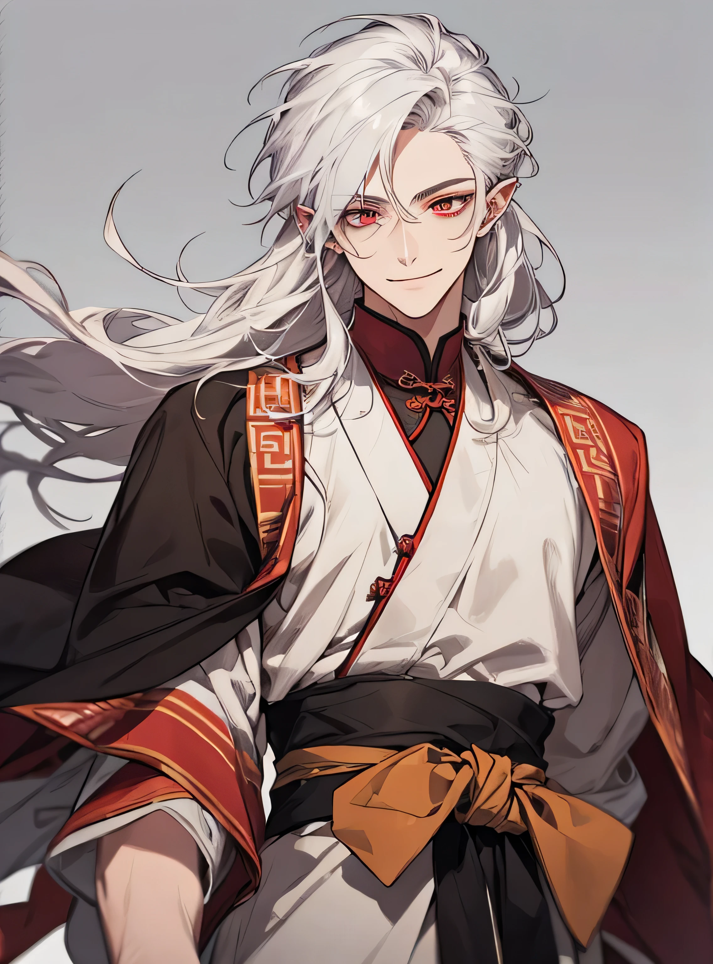 Best quality, 4k, handsome, man in his 20s, clear white hair, flowing long hair, messy front, ultra detailed beautiful eyes, sharp red eyes, pointy ears going upwards, small ears, wearing ancient Chinese robe and tunics, mixed black and white, the robe is generally loose-fitting, short sleeves with hand bands, smiling, a simple background.
