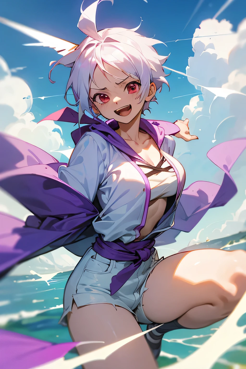 Cute girl, big breast, dressed with purple and white Luffy gear 5 clothes from the anime One Piece, white clothes, white open shirt, white shorts, muted purple sash, red eyes, Laughing like joyboy from the anime one piece. Short cloudy hair, White hair like a cloud from gear 5 joyboy. Drums of liberation from one peice, Holding a kamanari (Lightning). Surrounding with the clouds of awakening (One peice), fighting position.