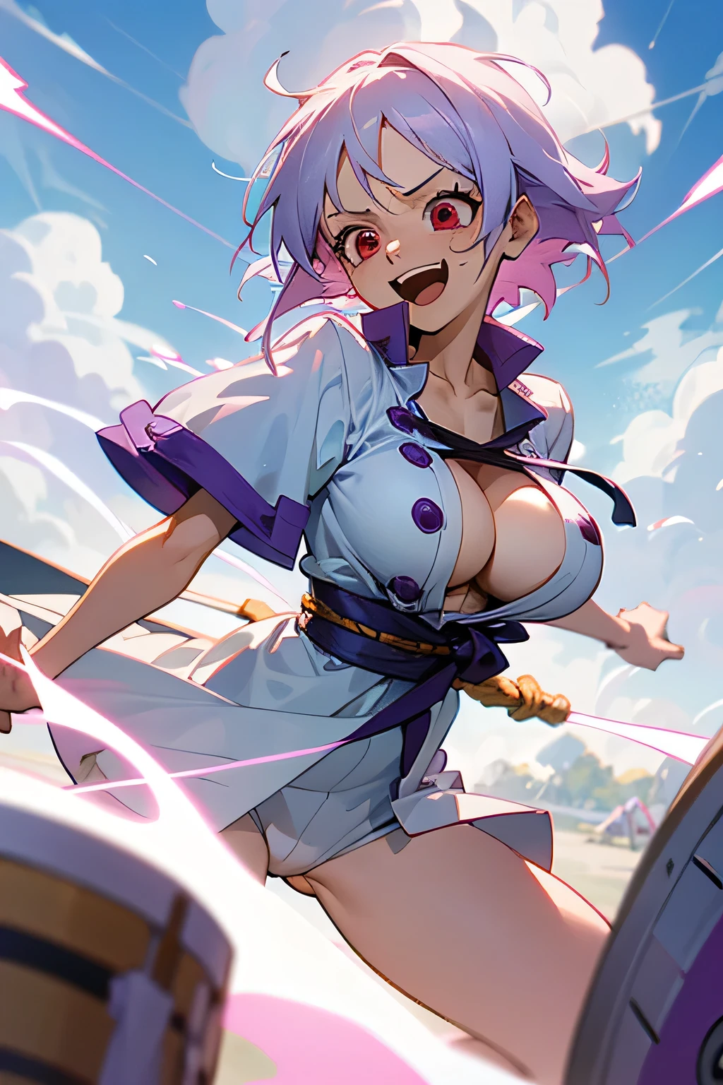 Cute girl, big breast, dressed with purple and white Luffy gear 5 clothes from the anime One Piece, white clothes, white open shirt, white shorts, muted purple sash, red eyes, Laughing like joyboy from the anime one piece. Short cloudy hair, White hair like a cloud from gear 5 joyboy. Drums of liberation from one peice, Holding a kamanari (Lightning). Surrounding with the clouds of awakening (One peice), fighting position.