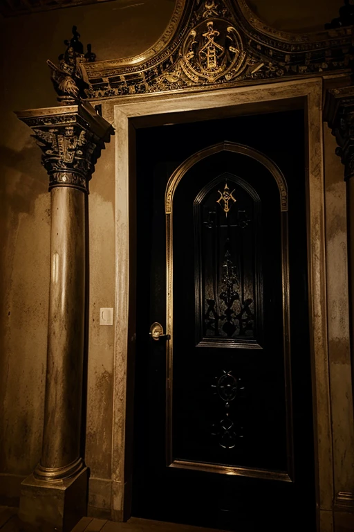 The haunted castle's Sacred Door. It is a black majestic gate that is decorated with occult symbols.