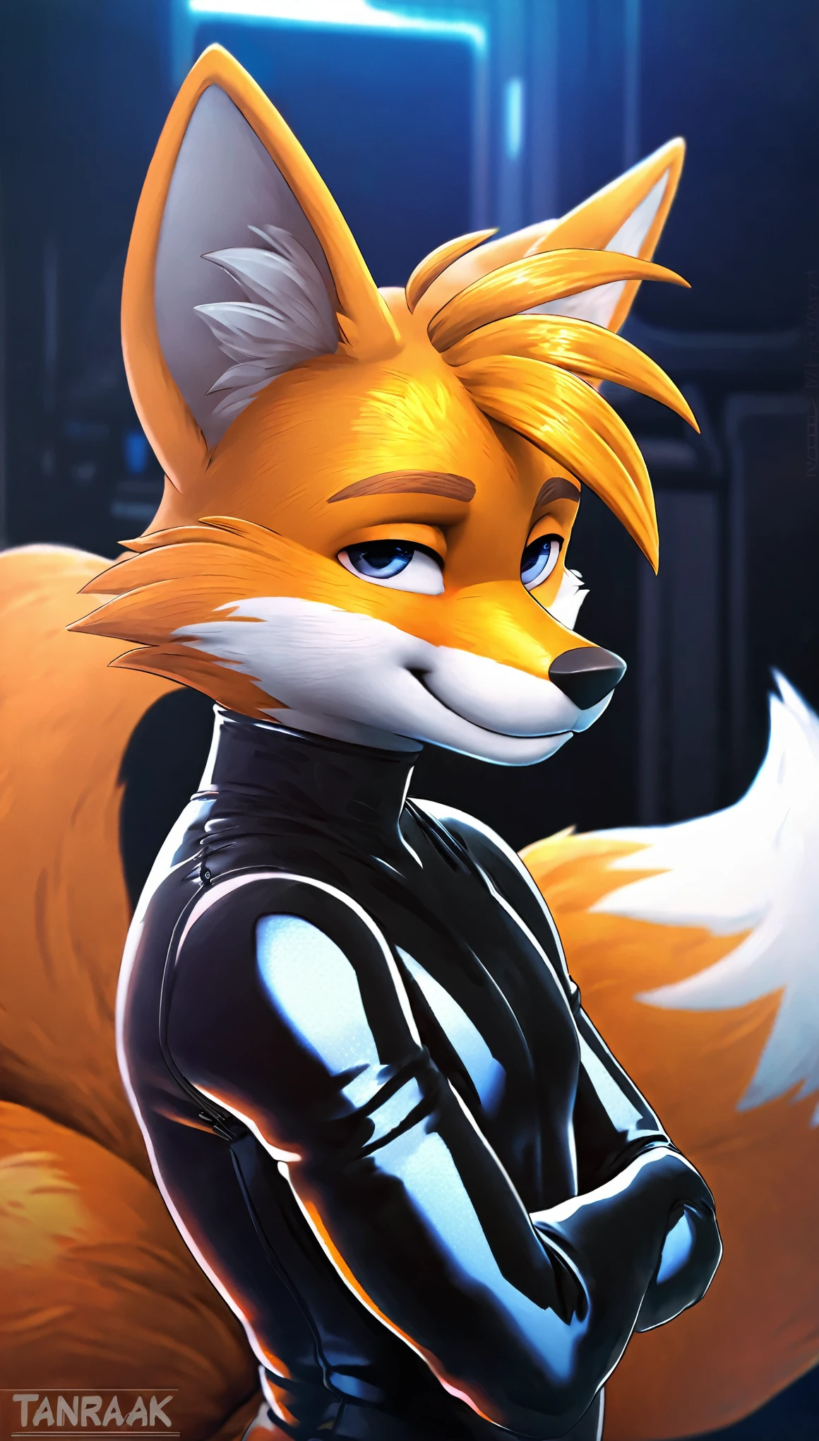 full body image, (((by tanraak))), solo, 1boy, male, boy, cinematic, (((Miles 'Tails' Prower the fox))), ((orange fur)), ((two tails)), wearing a bodysuit, The bodysuit has (((Pearlescent black latex coloring))), creating a futuristic look. has a seductive smirk on his face