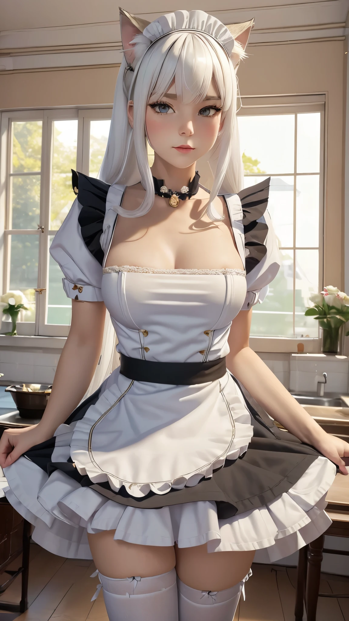 1girl, ebenya, looking at viewer, white hair, neko, cat ears, cat tail, open clothes, (CatgirlMaid, maid, maid uniform), thin body, flat chest, sensual pose, ((Russian royal country house, tsar house)), ba-shiroko, comics, fantasia, sfw, marvel e DC
