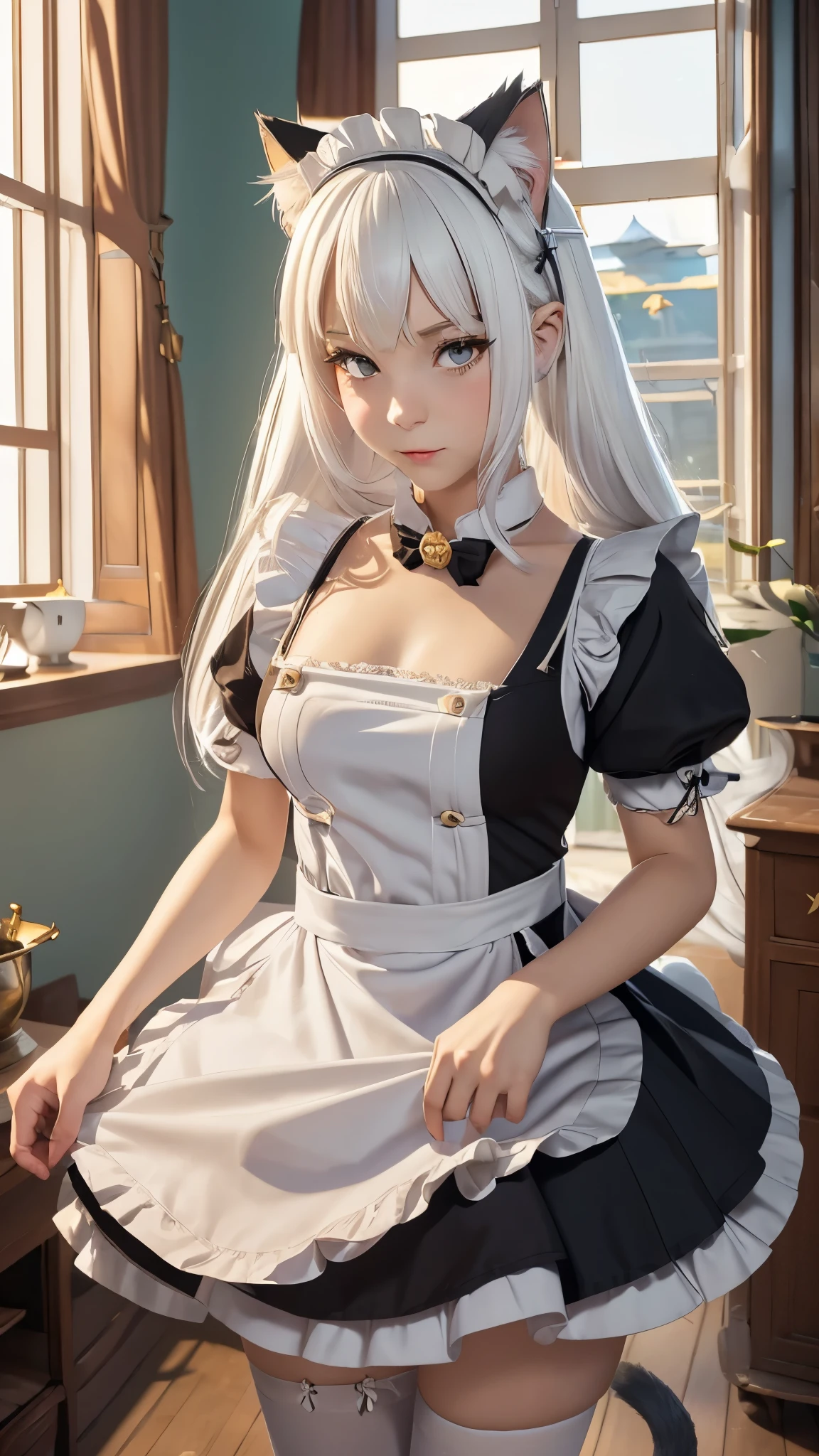 1girl, ebenya, looking at viewer, white hair, neko, cat ears, cat tail, open clothes, (CatgirlMaid, maid, maid uniform), thin body, flat chest, sensual pose, ((Russian royal country house, tsar house)), ba-shiroko, comics, fantasia, sfw, marvel e DC
