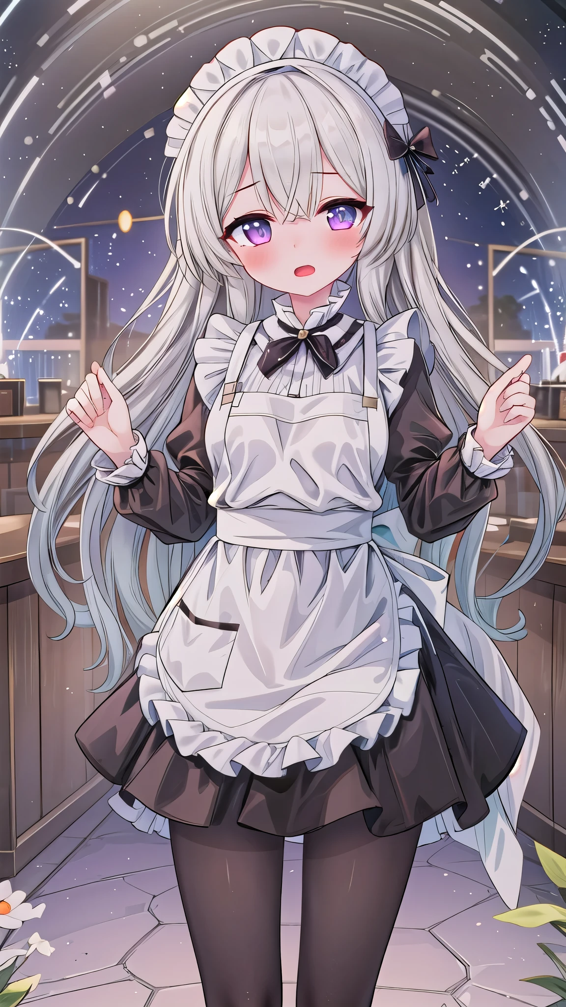 1 Girl, firefly \(Honkai: Star Trails\), Headbands, Solitary, maid, maid headdress, maid apron, embarrassed, Pantyhose, open mouth, blush, Open your mouth, Looking at the audience, Cowboy shooting, bar \(place\), indoors, Depth of Field, masterpiece