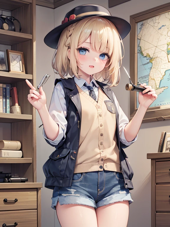 masterpiece, highest quality, Very detailed, 16k, Ultra-high resolution, Cowboy Shot, 1 girl aged 13, Detailed face, Perfect Fingers, blue eyes, Blonde, Braid, A vest with many pockets, Shorts, Exploring knife, Safari Hat, compass, telescope, map, A cluttered room with lots of small items, Organizing tools