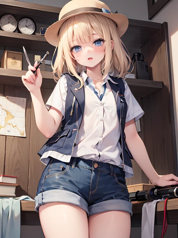 masterpiece, highest quality, Very detailed, 16k, Ultra-high resolution, Cowboy Shot, 1 girl aged 13, Detailed face, Perfect Fingers, blue eyes, Blonde, Braid, A vest with many pockets, Shorts, Exploring knife, Safari Hat, compass, telescope, map, A cluttered room with lots of small items, Organizing tools