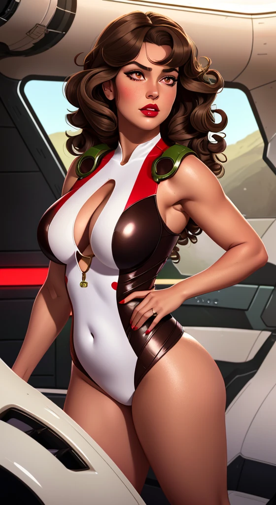 Rebecca Linares, perfect body, full body, big , big booty looking at the camera, brown eyes, hot thick red lips, parted lips, sensuality, Glossy enamel  lime and white swinsuit armored cyberpunk, correct deformed fingers, photorealistic, sharpened eyes, (((eyes to the camera))) Pretty Features, Spaceship Interior,Hyperrealism Painting Concept ART of Detailed Character Design Matte Painting, 4K Resolution Blade Runner, Mysterious, REALISTIC, Masterpiece, realistic, (chubby:1.2), (droopy breasts:1.2), (hanging breasts:1.2) Hyper_girl, (( shoulder length curly brunette hair, two side up with bangs, ringlets, shoulder length curly brunette hair with bangs, two side up, ringlets, shoulder length curly brunette hair with bangs, two side up, ringlets,)),