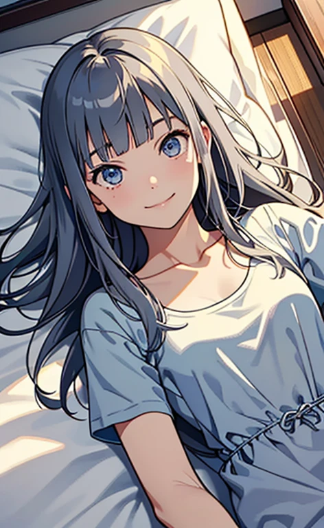 (masterpiece:1.4、top-quality、illustration:,realistic、)、(character focus、,cowboy shot:1.3)、(1girl),(light smile:1.3),(exact limbs:1.4),cute face,blue eyes、(tareme:1.3)、(from above:1.3),
(on back:1.3),(lie down on the bed:1.4),、
(grey hair),(long hair:1.5)、
,(her room:1.3),（loose Room wear:1.5),
(blunt bangs),(sidelocks:1.3), (small breasts:1.2)、
、slender、