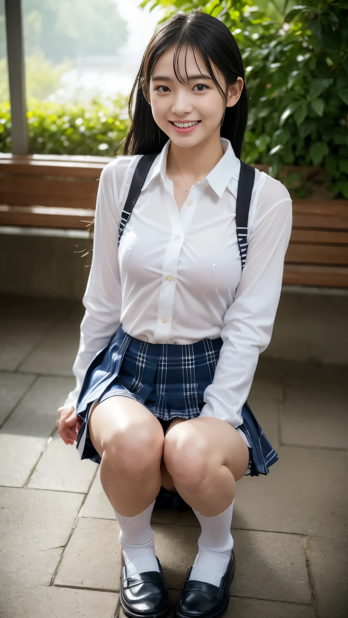 (((Attention to detail,The perfect female body、masterpiece,Attention to detail))),Long sleeve,Jacket1.5,High socks1.5,Loafers1.5,Panty shot1.5,Sitting with Knees Up on seat ,spread legs,crawling position on their hands and knees:1.5,((skirt lift:1.3)),Asian woman in uniform, Realistic Young Gravure Idol, Surreal school girl, Japanese , Japanese girls uniform、blazer, Checkered pleated skirt、Girls' 、Surreal school girl,Young and cute gravure idol, Wearing Japanese, Young Sensual Gravure Idol, Young Gravure Idol, A high school girl who is beautiful and innocent when she smiles,My whole body is wet,Dripping,Blushing,Beautiful girl with beautiful legs,Beautiful woman natural light、My whole body is wet,Light clothing,loafers,ponytail,Black shiny hair,Wet hair,dripping water,Dripping,,Make a troubled face,Sit on a chair、Sit on a bench、Stand with your feet shoulder-width apart:1.3、The gesture of adjusting socks:1.3、Knees up:1.3、The skirt rises and the panties are visible、White panties:1.3、Between the thighs:1.3、The labia majora is wet、Looking up at her from below:1.3、Perfect anatomy、16 year old beautiful girl:1.3、((Guerrilla rainstorm、My body got wet in the heavy rain、My shirt is wet and my skin is visible、You can see through the bra、My skirt is wet and clings to my skin、Feels good))