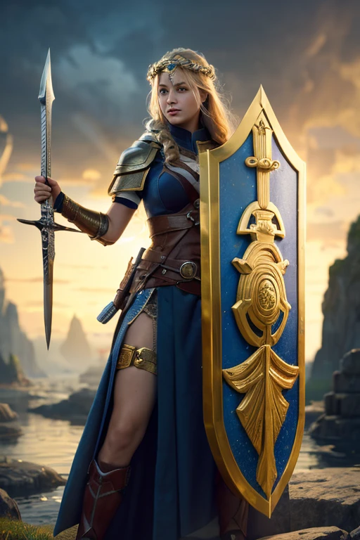 arafed woman in a costume holding a shield and a shield, concept art by Arthur Pan, trending on CG society, fantasy art, norse goddess, mystical atlantean valkyrie, as a mystical valkyrie, greek goddess athena, female viking, golden goddess athena, valkyrie, mystical valkyrie, athena goddess of wisdom, the goddess artemis smirking, 3D goddess minerva, best quality, 8K, Masterpiece, Ánh nắng rực rỡ