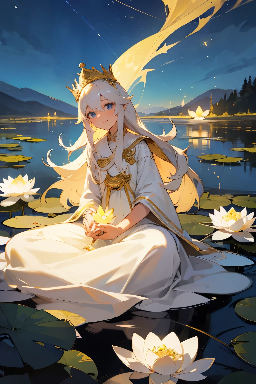 White long hair, blue sky eyes, gold crown in head, beautiful smile, on the big lotus, sit down, long white dress, clear night, fireflies, Mountain background, lotus flower, river, letern, outstanding quality, 8k, high definition, illustration