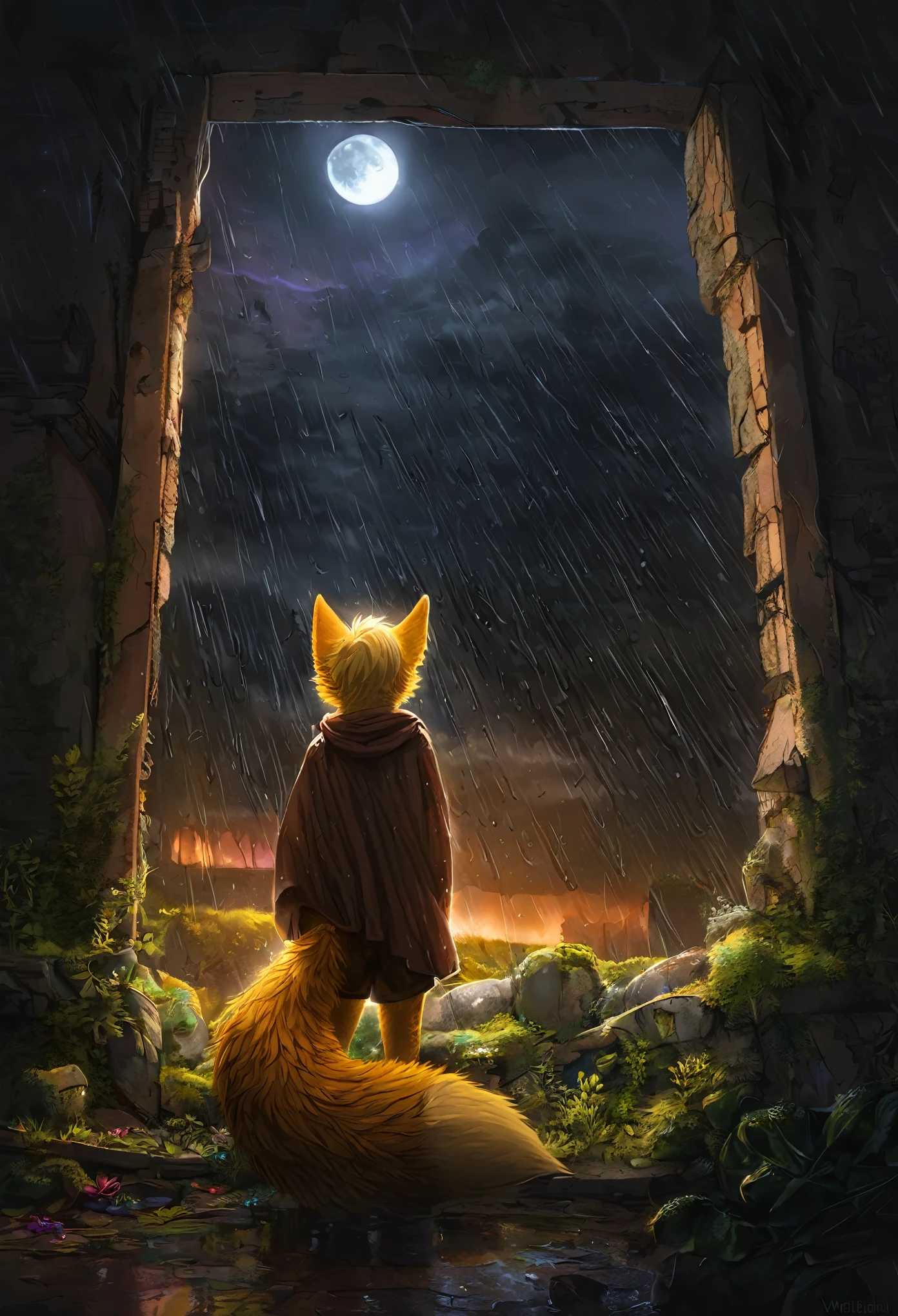 Shota the fox,hairy pubic,shaggy,Skin fur,Golden fur,Golden yellow face fur,Short straight blonde hair,Eyes have light,Red eyes,Brown elements on fur,Brown coat brown hood up,Star pattern white top,brown shorts,Beautiful lights and shadows,Ambient light,Ultra-fine fur,volumettic light,natural lightting,Fluffy tail,Dilapidated building,Plant elements in ruins,lichen,There is no other life,Night,starrysky,Vast landscape,crossed bangs, Hairline, Shiny hair, lone nape hair, ,Dilated pupils,Sleepy,(moon full:1.2),(meteors:0.9),(Starcloud:1.3)(Warm light source:1.2),Rained,wetclothes, (overcast sky, Standing downpour:1.1), Extra-long sleeves, Purple and orange,Complicated details,Volumetriclighting,Realist breakthrough(tmasterpiece:1.2)(best qualtiy),4K,Ultra-delicate,(Dynamic configuration:1.4),Highly detailed and colorful details,(Irridescent color :1.2),(luminouslighting,Atmospheric lighting),dream magical,magic,(solo:1.2)Glowing light,Empty eyes