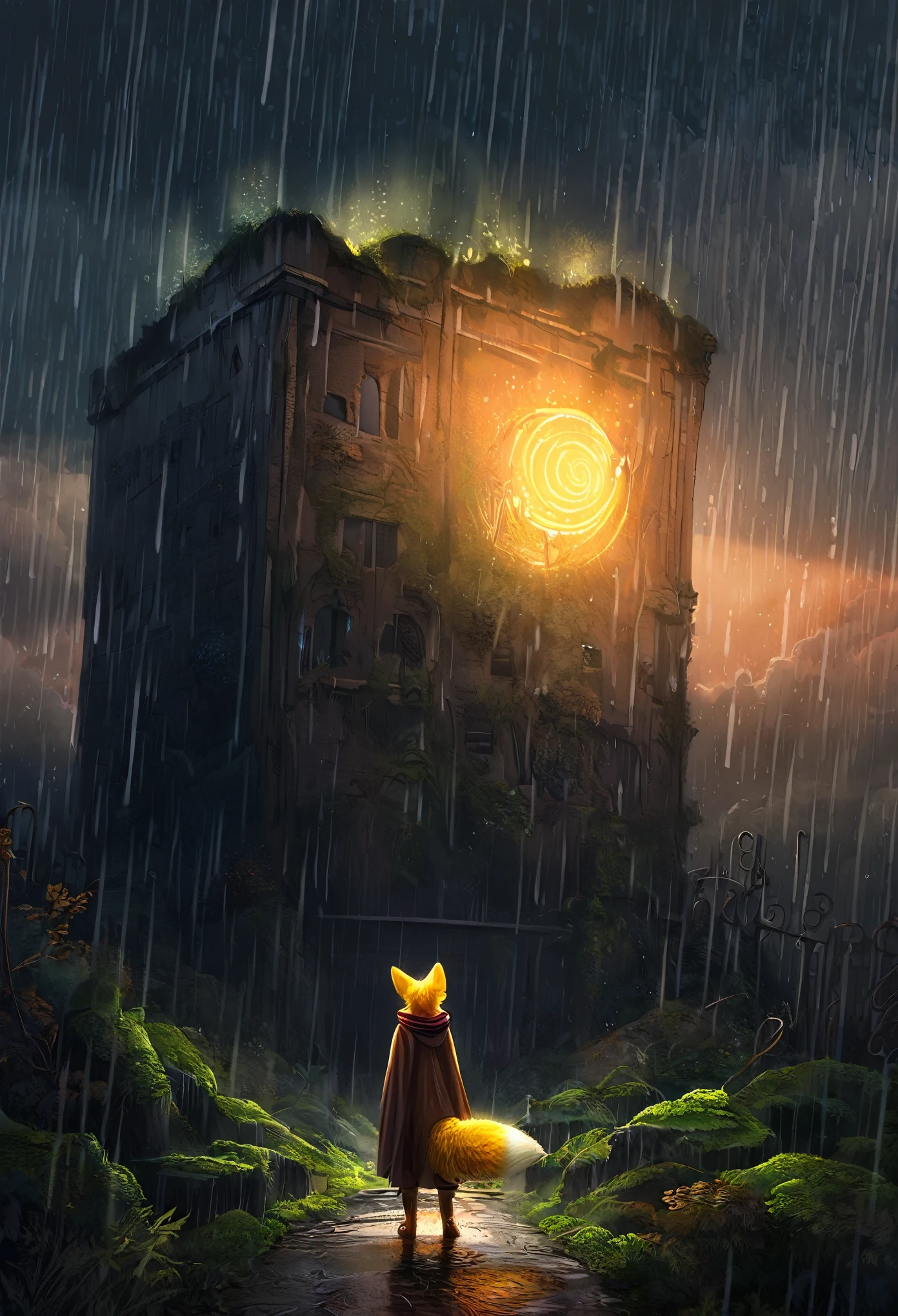 Shota the fox,hairy pubic,shaggy,Skin fur,Golden fur,Golden yellow face fur,Short straight blonde hair,Eyes have light,Red eyes,Brown elements on fur,Brown coat brown hood up,Star pattern white top,brown shorts,Beautiful lights and shadows,Ambient light,Ultra-fine fur,volumettic light,natural lightting,Fluffy tail,Dilapidated building,Plant elements in ruins,lichen,There is no other life,Night,starrysky,Vast landscape,crossed bangs, Hairline, Shiny hair, lone nape hair, ,Dilated pupils,Sleepy,(moon full:1.2),(meteors:0.9),(Starcloud:1.3)(Warm light source:1.2),Rained,wetclothes, (overcast sky, Standing downpour:1.1), Extra-long sleeves, Purple and orange,Complicated details,Volumetriclighting,Realist breakthrough(tmasterpiece:1.2)(best qualtiy),4K,Ultra-delicate,(Dynamic configuration:1.4),Highly detailed and colorful details,(Irridescent color :1.2),(luminouslighting,Atmospheric lighting),dream magical,magic,(solo:1.2)Glowing light,Empty eyes