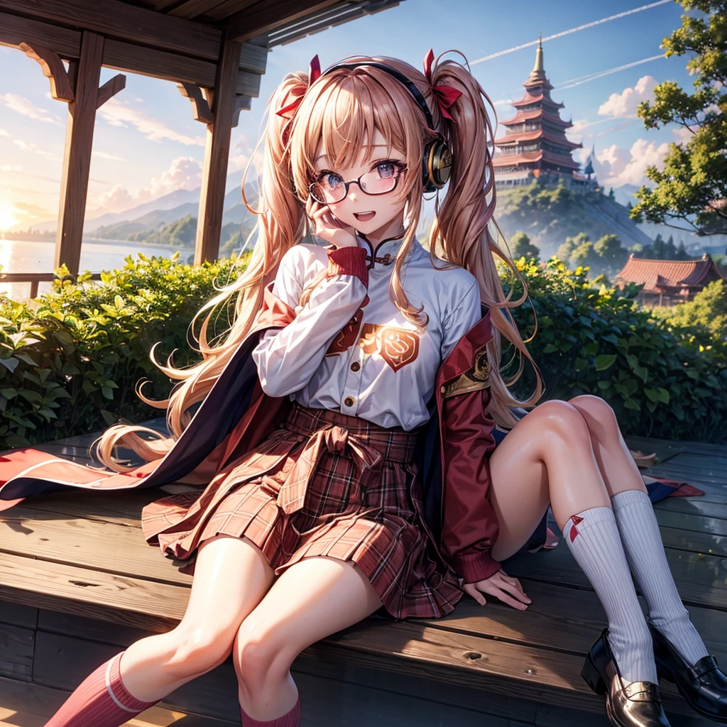 Pink gold golden hair、Golden Eyes、One good looking girl、Twin tails、solo、anime、Checkered mini skirt、The skirt has buttons、Red T-shirt、Long sleeve、China、Cape、Black knee-high socks、Wearing headphones、Wearing a ribbon、Ribbon on waist、Tilting face、Teeth are visible、Sunset sky、Water Mountain、Piercing the clouds、Contrail、Glasses、tree、Sitting、Touching your face、lotus leaves、canal、Cumulonimbus