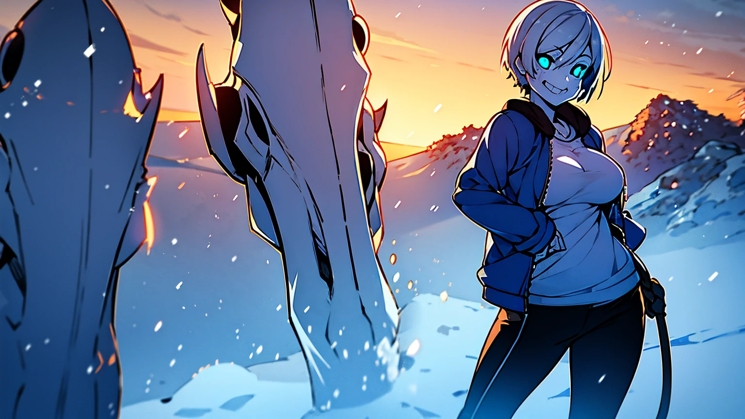 Toby Fox Undertale Sans blue jacket white shirt,Fire eyes skull smile white short hair glowing sexy keel cannon one standing in the snow town big breast breast enlargement full-body shot looking at the camera illustration, ultra-detailed, HDR, vibrant colors, soft lighting