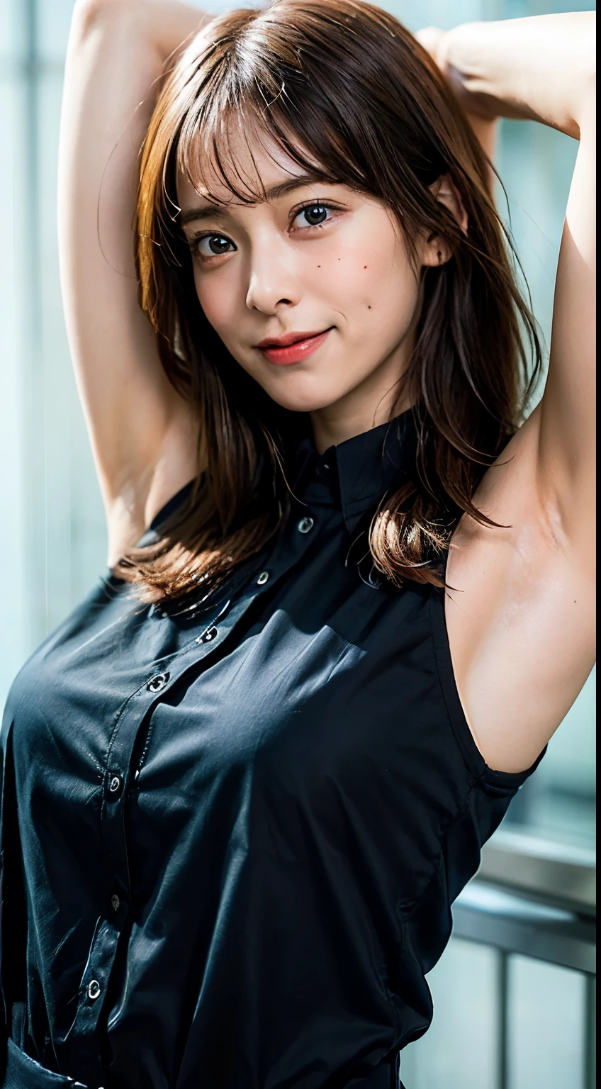 (Realistic:1.3、Ultra HD、Ultra-high resolution、8k、Japanese office lady、Realistic、black collared shirt、At work、)、((Look Viewer:1.8))、(Extremely realistic skin texture:1.4)、(Realistic:1.3)、(((Embarrassed expression:1.6)))、(40-year-old woman、Mature Woman)、(Raise both arms to show your armpits:1.8)、(Face close-up:1.75)、((Shooting from the side:1.1))