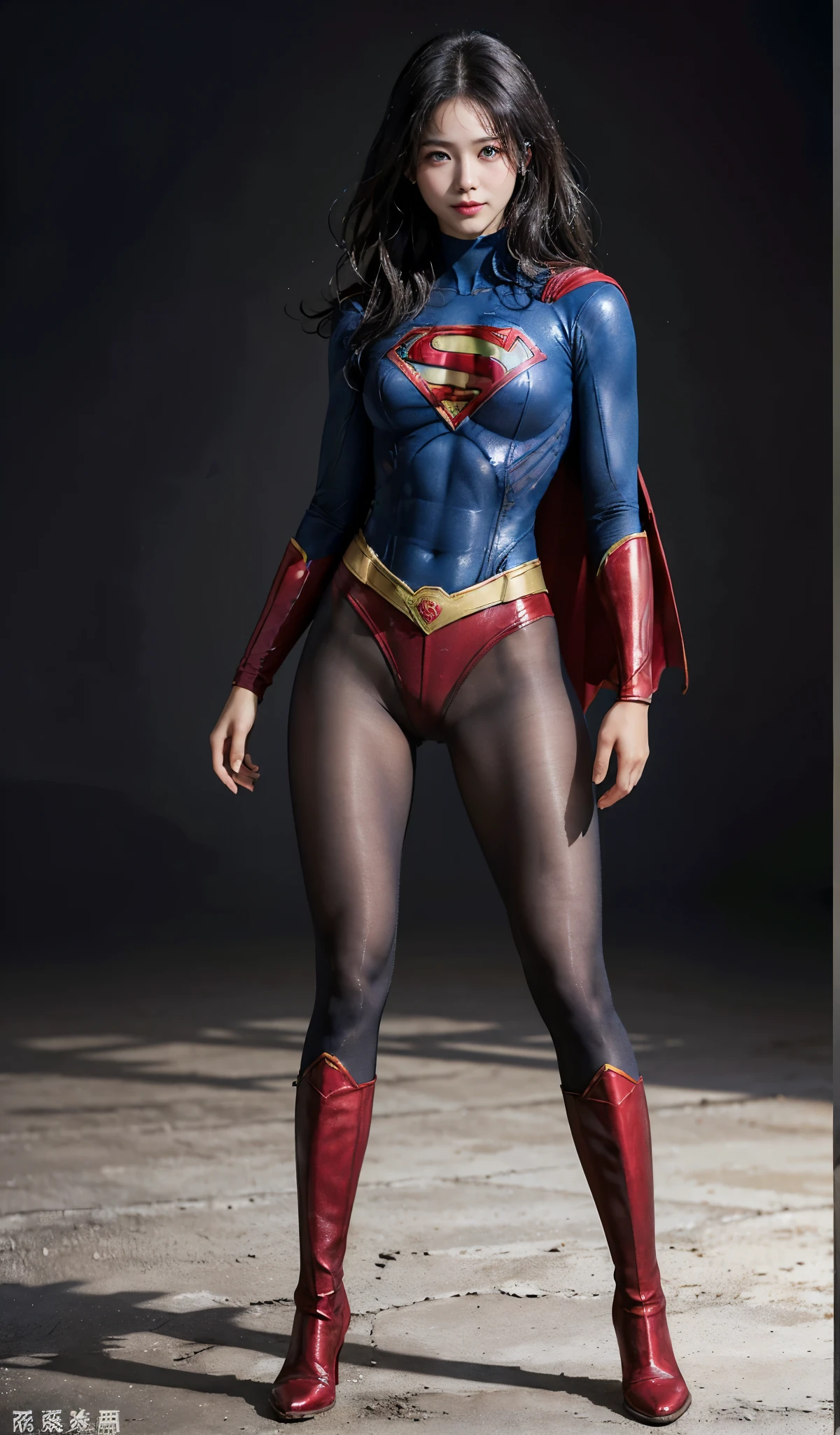 No background、(((Beautiful legs in black tights.)))、(((Legally express the beauty of your smile)))、((((Make the most of your original images)))、(((Supergirl Costume)))、(((Beautiful Hair)))、(((suffering)))、(((Please wear black tights....、Wear red boots)))、((Best image quality、8k))、((highest quality、8k、masterpiece:1.3))、(((Preserve background )))、Sharp focus:1.2、Beautiful woman with perfect figure:1.4、Slim Abs:1.2、Wet body:1.5、Highly detailed face and skin texture、8k