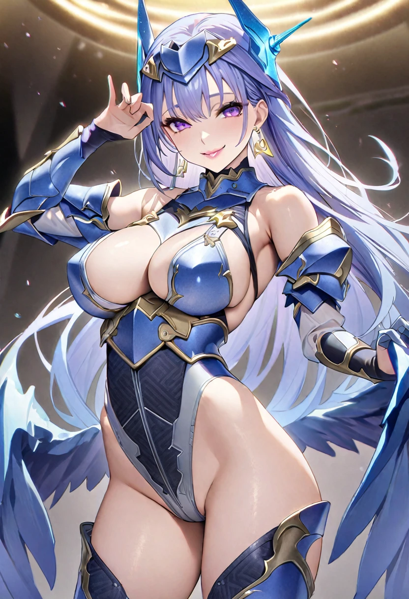 masterpiece、highest quality、Ultra-high resolution、Maximum resolution、Very detailed、Professional Lighting、anime、Adult female、so beautiful、smile、White patent leather high leg leotard、blue pattern、((Blue Mech Armor))、Shiny Armor、、Cyber Headgear、Shoulders show skin、Gold earrings、Blue Hair、Long Hair、Purple Eyes、Big Breasts、Pink Lips、Gloss Lip、There are wings on the back、Costumes that dig into the crotch、Cool pose、Overall image