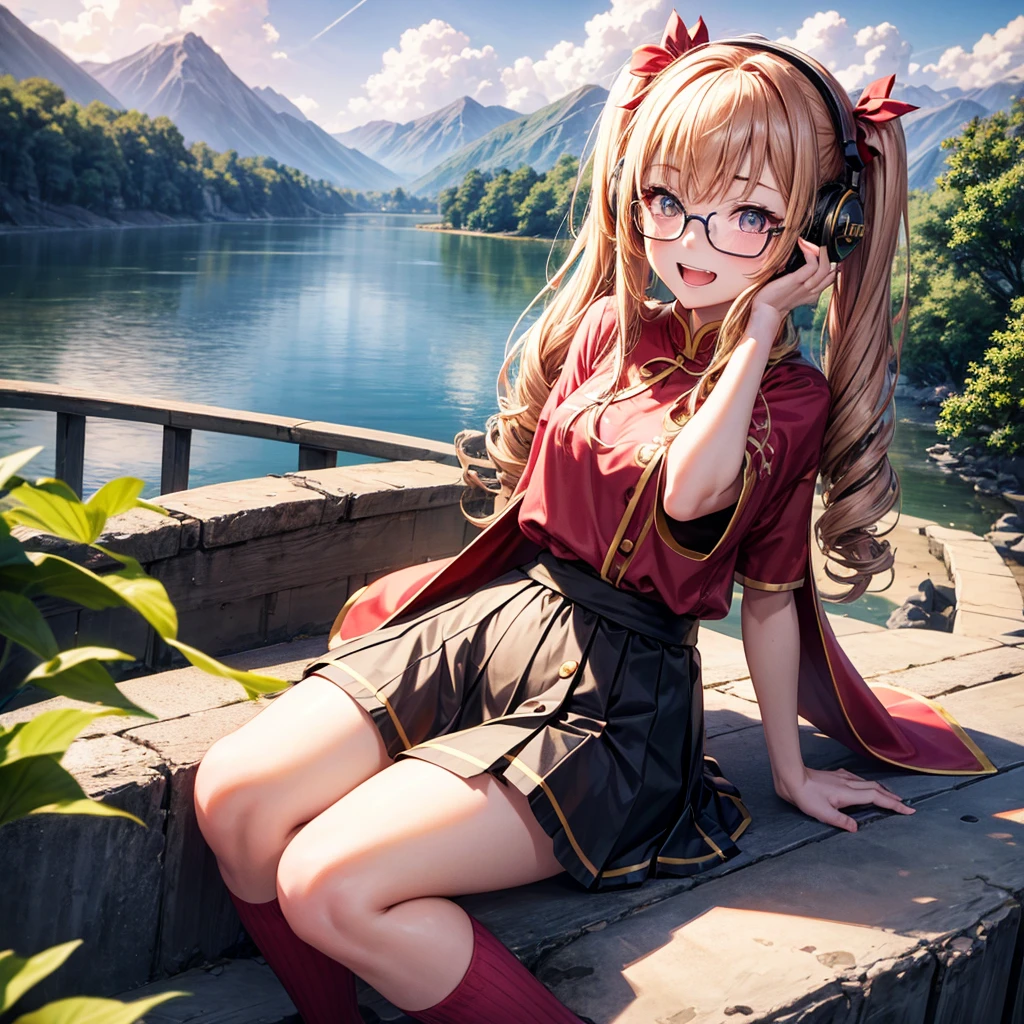 Pink gold golden hair、Golden Eyes、One good looking girl、Twin tails、solo、anime、Checkered mini skirt、The skirt has buttons、Red T-shirt、China、Cape、Black knee-high socks、Wearing headphones、Wearing a ribbon、Ribbon on waist、Tilting face、Teeth are visible、Sunset sky、Water Mountain、Piercing the clouds、Contrail、Glasses、tree、Sitting、Touching your face、lotus leaves、canal、Cumulonimbus