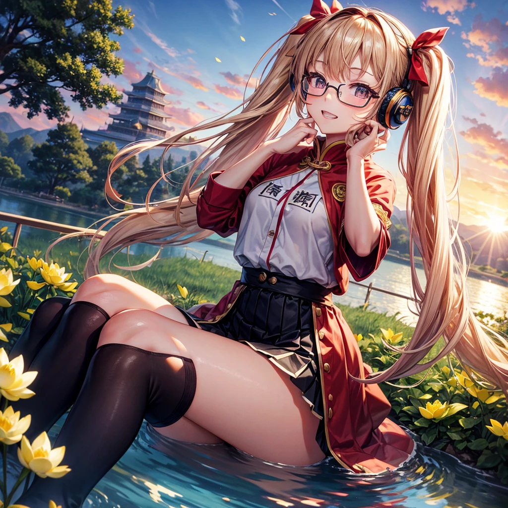Pink gold golden hair、Golden Eyes、One good looking girl、Twin tails、solo、anime、Checkered mini skirt、The skirt has buttons、Red T-shirt、China、Cape、Black knee-high socks、Wearing headphones、Wearing a ribbon、Ribbon on waist、Tilting face、Teeth are visible、Sunset sky、Water Mountain、Piercing the clouds、Contrail、Glasses、tree、Sitting、Touching your face、lotus leaves、canal、Cumulonimbus
