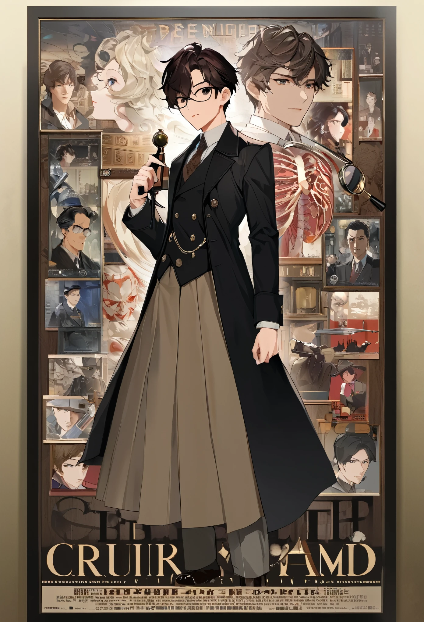 movie poster, highres, top quality, best quality, paid reward available, unparalleled masterpiece, perfect artwork, absurdres, High-quality illustrations, super high resolution, detailed background, perfect anatomy(1boy, detective, 1woman in Chinese dress)Crime mystery,