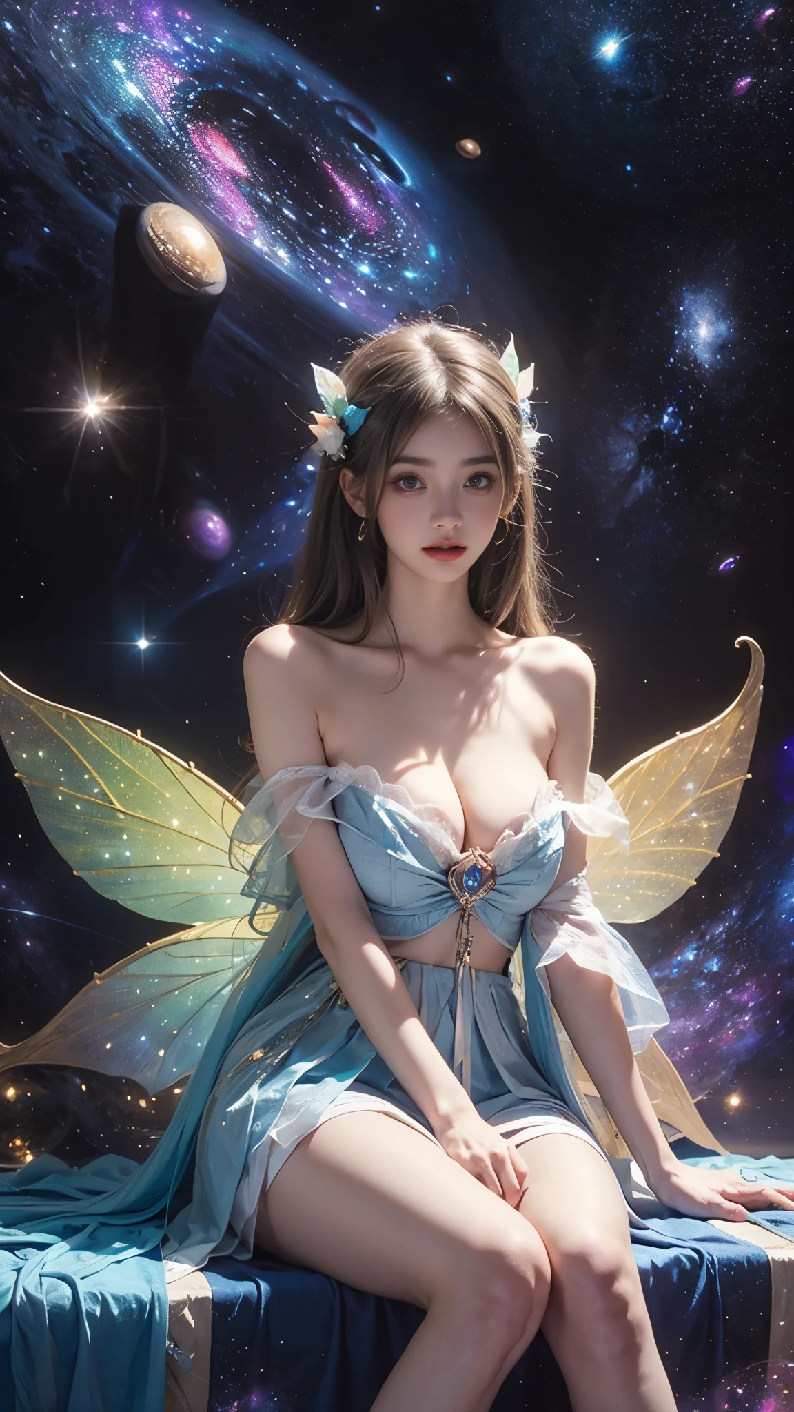 ((Large breasts)),Bare shoulders, short hemlines, 4k ultra hd, masterpiece, a girl, good face, detailed eyes, detailed lips, flower fairy girl, neon lights, (galaxy background:1.5), in the heaven, sitting on the unicon