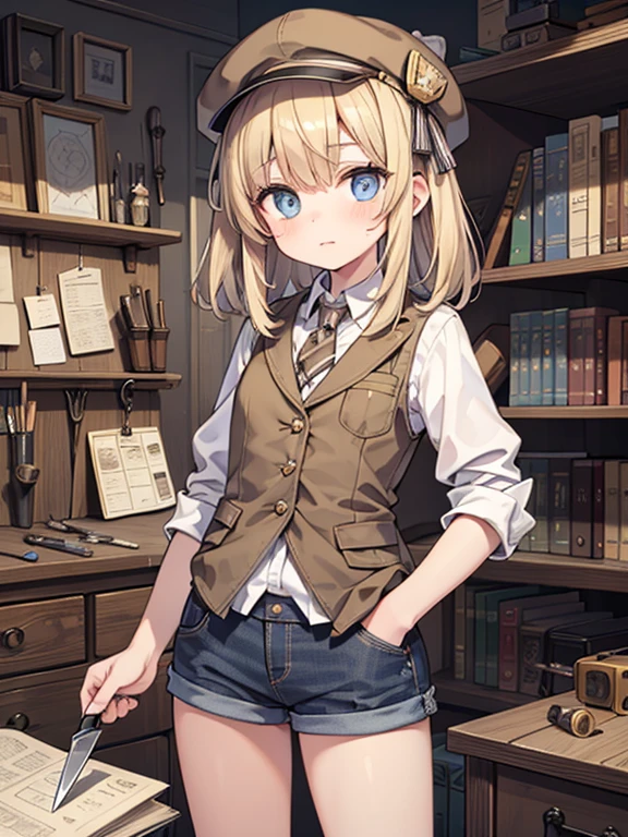 masterpiece, highest quality, Very detailed, 16k, Ultra-high resolution, Cowboy Shot, 1 girl aged 13, Detailed face, Perfect Fingers, blue eyes, Blonde, Braid, A vest with many pockets, Shorts, Exploring knife, Safari Hat, compass, binoculars, map, A cluttered room with lots of small items, Organizing tools
