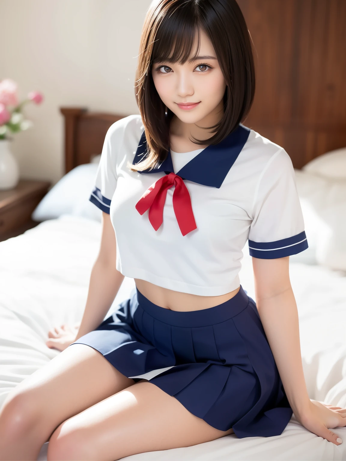 (highest quality:1.5)、(Realistic:1.5)、(1 person:1.5)、Very detailed、High resolution、8k、medium breasts、Natural color lips、Cute Smile、Japanese women、20-year-old girl、Beautiful and elegant face、Perfect and beautiful face、Balanced big eyes、Brunette eyes、Beautiful and elegant face、Natural double eyelids、Natural Bangs、Beautiful thin nose、Beautiful Skin、(Medium Bob Hair)、Natural Bangs、Perfect and beautiful face、Slim face and figure、Look at the viewers、、School Sailor Uniform、pleated micro miniskirt,、Knee-high socks、Beautiful navel、Open the navel、臍が見えるタイトなSchool Sailor Uniformを着ている、(Staring at the camera with a sweet smile)、Bright lighting、Professional Lighting、Forward lighting、Beautiful feet:1.2、Smooth Skin、Slim Body、Slim waistline、slim thin thighs、Sit on the bed、