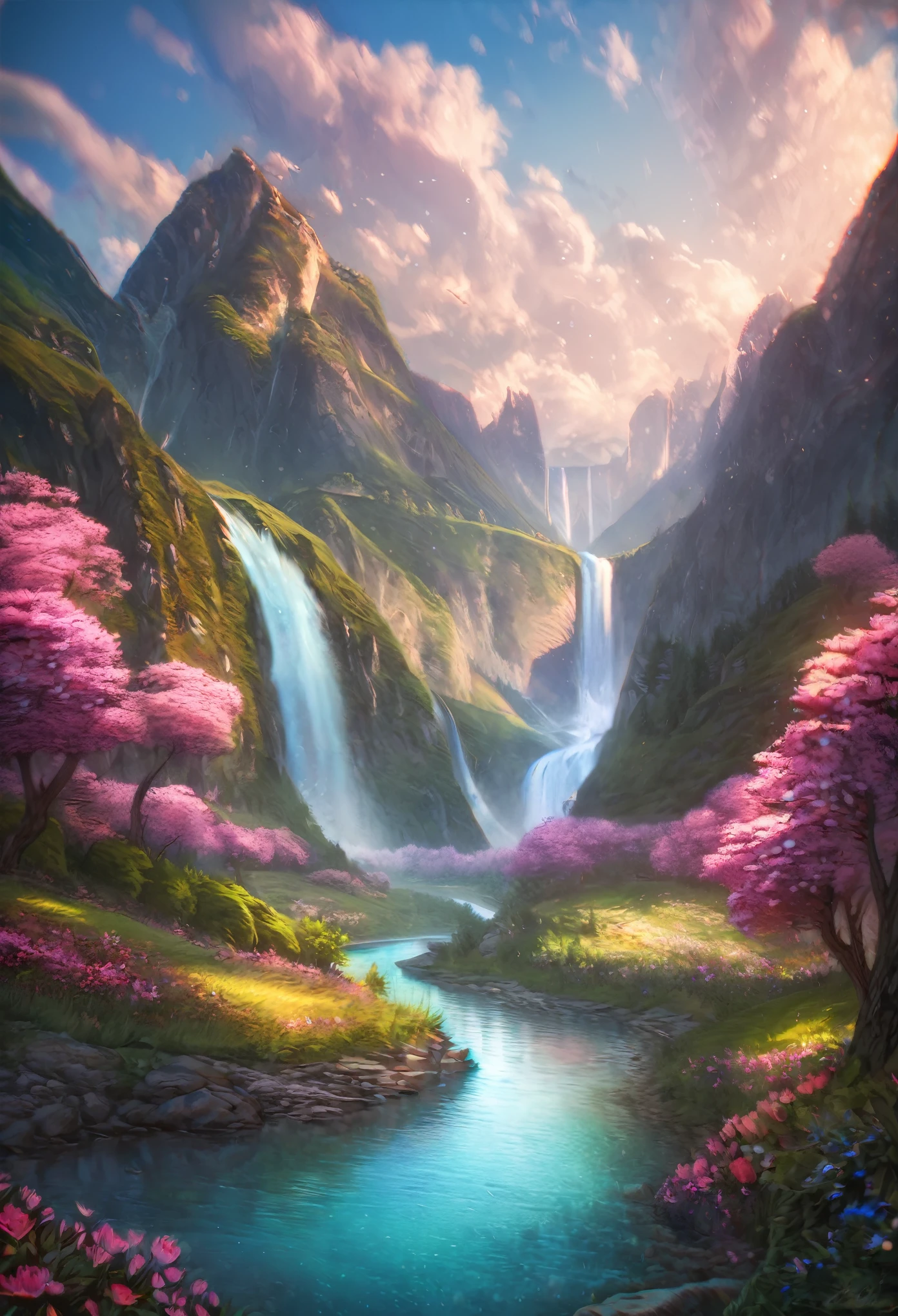 masterpiece, best quality, high quality, extremely detailed CG unity 8k wallpaper, scenery, outdoors, sky, cloud, day, no humans, mountain, landscape, water, tree, blue sky, waterfall, cliff, nature, lake, river, cloudy sky,award winning photography, Bokeh, Depth of Field, HDR, bloom, Chromatic Aberration ,Photorealistic,extremely detailed, trending on artstation, trending on CGsociety, Intricate, High Detail, dramatic, art by midjourney
