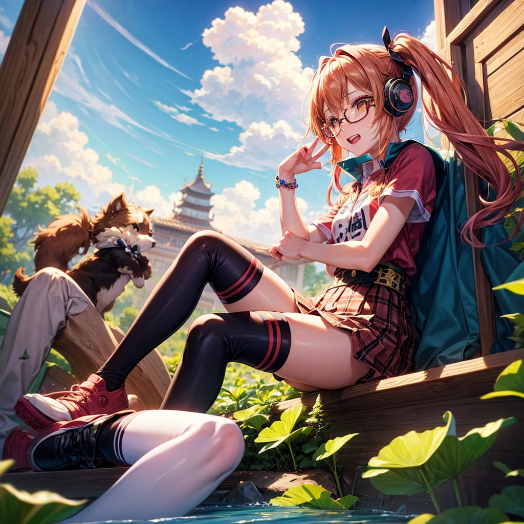 Pink gold golden hair、Golden Eyes、One good looking girl、Twin tails、solo、anime、Checkered mini skirt、The skirt has buttons、Red T-shirt、China、Cape、Black knee-high socks、Wearing headphones、Wearing a ribbon、Ribbon on waist、Tilting face、Teeth are visible、Sunset sky、Water Mountain、Piercing the clouds、Contrail、Glasses、tree、Sitting、Touching your face、lotus leaves、canal、Cumulonimbus