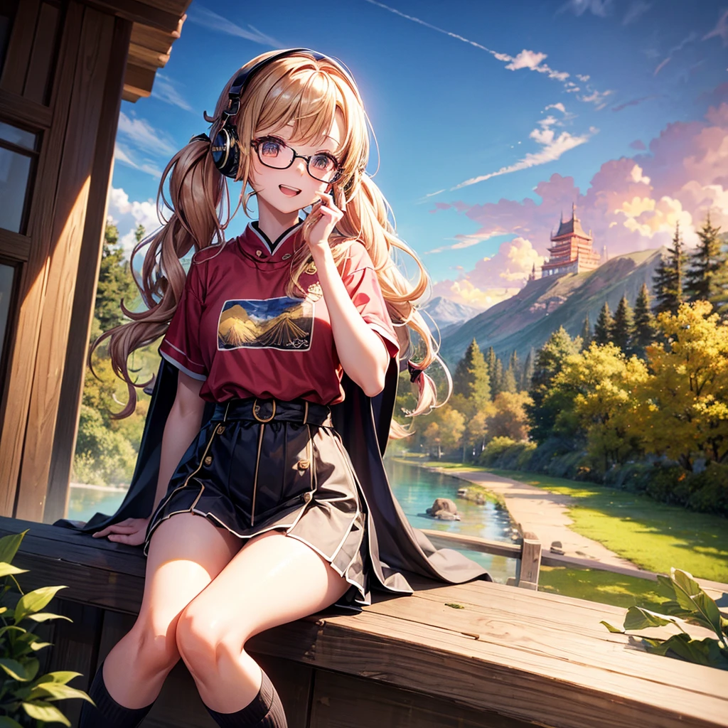 Pink gold golden hair、Golden Eyes、One good looking girl、Twin tails、solo、anime、Checkered mini skirt、The skirt has ons、Red T-shirt、China、Cape、Black knee-high socks、Wearing headphones、Wearing a ribbon、Ribbon on waist、Tilting face、Teeth are visible、Sunset sky、Water Mountain、Piercing the clouds、Contrail、Glasses、tree、Sitting、Touching your face、lotus leaves、canal、Cumuimbus